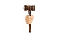 The gavel of the judge in the hand of a girl on a white background, isolated, court and justice, law