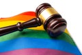Gavel for judge lawyer on rainbow flag, symbol of LGBT pride month celebrate annual in June social of gay, lesbian, bisexual,
