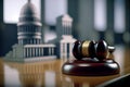 A gavel on a law office desk with buildings in the background, the concept of real estate law, Humanly enhanced AI Generated