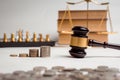 Gavel of lawyer with education book, house model and coin. Royalty Free Stock Photo