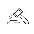 Gavel. Linear icon of law hammer with stand. Black simple illustration of court hearing, legal dispute resolution, judgment.