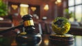 The gavel and moss globe. AI generated Royalty Free Stock Photo