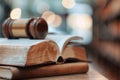 A gavel is placed on an open book on a table. The background shows blurred library shelves. Light filters through, creating a warm Royalty Free Stock Photo