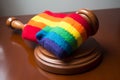 A Gavel With A Rainbow Ribbon On The Side, A Rainbow Colored Towel On A Wooden Stand