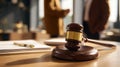 The gavel resting on legal documents in an office setting with professional discussions. AI generated image Royalty Free Stock Photo