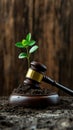 Gavel and sapling growing from soil, environmental justice concept Royalty Free Stock Photo