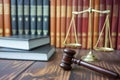 gavel beside scales of justice on wooden table, law books background Royalty Free Stock Photo