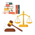 Gavel, scales, law books icon set. Judge lawyer and justice concept, Vector Royalty Free Stock Photo