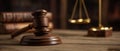 The gavel and scales representing justice in a courtroom setting. AI generated image Royalty Free Stock Photo