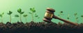 Gavel and seedlings in soil, environmental justice concept Royalty Free Stock Photo