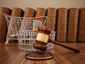 Gavel, shopping cart and basket. Consumer rights concept.3D illustration Royalty Free Stock Photo