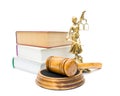 Gavel, The Statue Of Justice, And A Stack Of Books Isolated On W