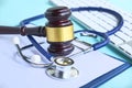 Gavel and stethoscope. medical jurisprudence. legal definition of medical malpractice. attorney. common errors doctors
