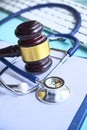 Gavel and stethoscope. medical jurisprudence. legal definition of medical malpractice. attorney. common errors doctors