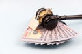 Gavel on top of pile of money and house model Royalty Free Stock Photo