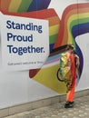 Gay activists with LGBT flags at the Pride parade in London , England 2023