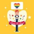 Gay boy with love is love rainbow color heart placard in pride month celebration poster design vector banner Royalty Free Stock Photo