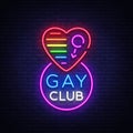 Gay club neon sign. Logo in neon style, light banner, billboard, night bright advertising for gay club, lgbt, party, gay Royalty Free Stock Photo