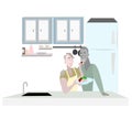 Gay couple eating Fish Steak and Vegetable Salad in kitchen at morning. Illustration LGBT lover cook in the home with love, smile