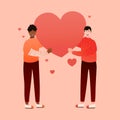 Gay couple holding big heart on pink background, gift card for valentine, love romantc concept of lgbt pair