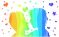 Gay couple about to kiss. Rainbow stars and hearts
