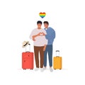 Gay couple. Travel together. Young boys in love. Lgbt pride. Vector