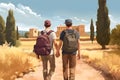 gay couple travelling on foot with backpacks hand in hand at sunny summer day, neural network generated image