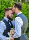 Gay couple wedding. Gay couple sensual kissing. Gay marriage, closeup male kiss. Royalty Free Stock Photo