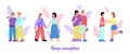 Gay couples of homosexual and lesbian flat vector illustration isolated.