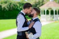 gay kiss on wedding. marriage gay couple tender kissing. close up portrait of gay kissed. Homosexual couple celebrating Royalty Free Stock Photo