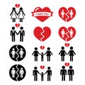 Gay or lesbian Couple breakup, divorce icons set