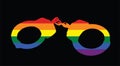 Gay LGBT flag over handcuffs vector silhouette illustration isolated on background.