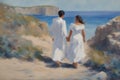 gay loving couple walking by hand in the beach, romantic open mixed race illustration Royalty Free Stock Photo