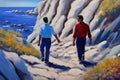 gay loving couple walking by hand in the beach, romantic open mixed race illustration Royalty Free Stock Photo