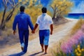 gay loving couple walking by hand in the beach, romantic open mixed race illustration Royalty Free Stock Photo