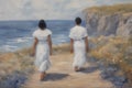 gay loving couple walking by hand in the beach, romantic open mixed race illustration Royalty Free Stock Photo