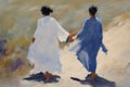 gay loving couple walking by hand in the beach, romantic open mixed race illustration Royalty Free Stock Photo