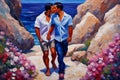 gay loving couple walking by hand in the beach, romantic open mixed race illustration Royalty Free Stock Photo