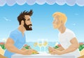Gay male couple eating spaghetti in restaurant by sea. Handsome men in love having lunch with wine. Homosexual love concept