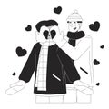 Gay man covering boyfriend eyes surprise black and white cartoon flat illustration