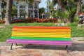 Gay pride bench at public park colored in lgbt rainbow flag in valencia