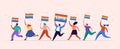 Gay Pride Concept Illustration. Group Of People Marching, Men And Women Walking With Rainbow Flags. Parade To Support