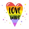 Gay Pride lettering on a rainbow heart, inscription Love wins. LGBT rights concept. Royalty Free Stock Photo