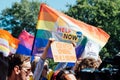 Gay pride, LGBTQ solidarity march with rainbow flags and antiwar posters. Hands holding a poster with antiwar posters