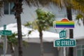 Gay pride rainbow flag Miami Beach Ocean Drive 12th Street Royalty Free Stock Photo