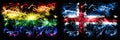 Gay pride vs Iceland, Icelandic New Year celebration sparkling fireworks flags concept background. Abstract combination of two