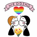Gay wedding couple wearing face mask kissing in covid-19 with rainbow heart cartoon vector