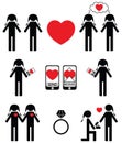 Gay women falling in love and engagement icons set