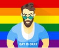 Gays couple vector illustration. Handsome boy in shirt with inscription gay is ok. Bread hipster guy. Rainbow pride flag Royalty Free Stock Photo