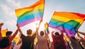 gays holding aloft rainbow flags image generative AI